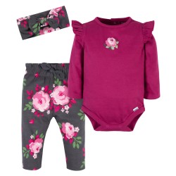 Gerber Set de 3 piezas Body, Pantalón y Vincha con Diseño de Flores de Jardín para bebé niña de 12 a 18 meses